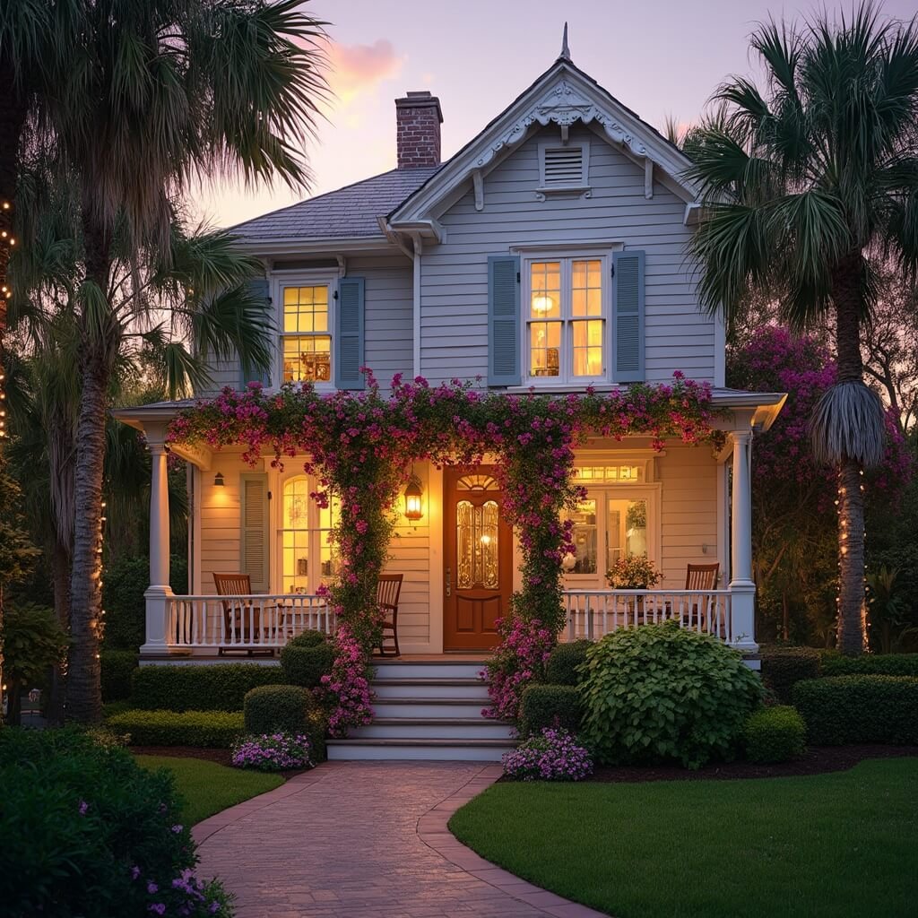 Why Sarasota in January is Your Secret Winter Paradise (Without the Snow!) Victorian-style bed & breakfast in Sarasota at sunset, with wrap-around porch, tropical landscaping, palm trees, soft lighting, gingerbread trim, pastel colors, gulf coast design elements, rocking chairs, and flowering bougainvillea
