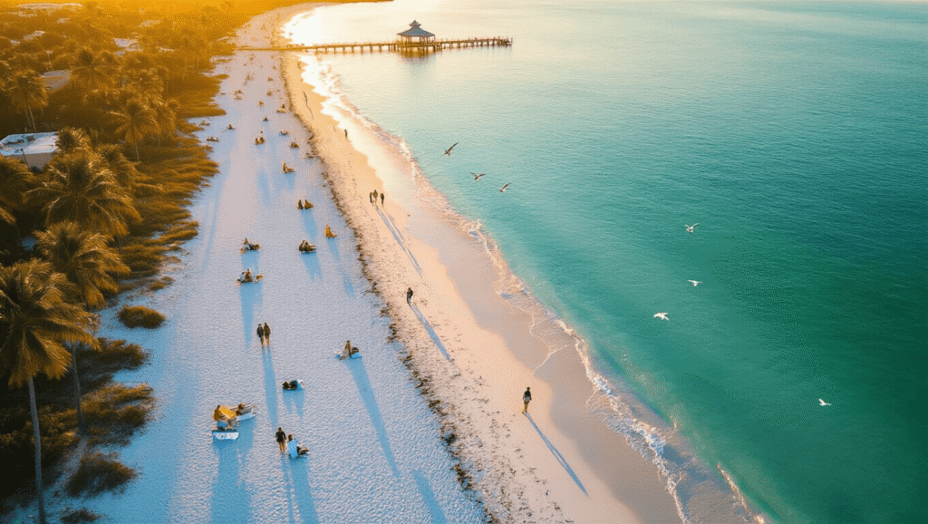 Why Sarasota in January is Your Secret Winter Paradise (Without the Snow!) "Aerial drone view of Sarasota's coastline during golden hour in January, featuring sparse beachgoers, calm turquoise Gulf waters, swaying palm trees, people strolling on white sand beaches, birds in flight, and the Siesta Key Beach pavilion in the background"