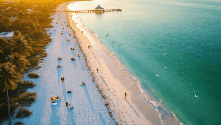 Why Sarasota in January is Your Secret Winter Paradise (Without the Snow!) "Aerial drone view of Sarasota's coastline during golden hour in January, featuring sparse beachgoers, calm turquoise Gulf waters, swaying palm trees, people strolling on white sand beaches, birds in flight, and the Siesta Key Beach pavilion in the background"
