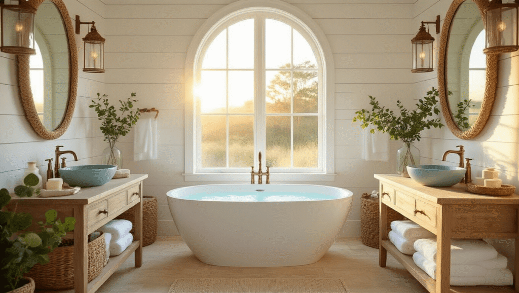 A serene coastal bathroom featuring a freestanding white porcelain tub, warm golden hour sunlight, white shiplap walls, sandy travertine floors, weathered teak double vanity with pale blue vessel sinks, and organic touches like seagrass baskets and eucalyptus, all captured in vibrant detail.