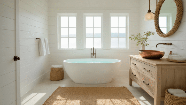 Creating Your Dream Coastal Bathroom: A Serene Sanctuary Awaits Luxurious coastal bathroom sanctuary featuring a freestanding porcelain tub, bleached oak vanity, and natural elements like seagrass baskets and a capiz shell pendant light, all illuminated by soft morning sunlight.