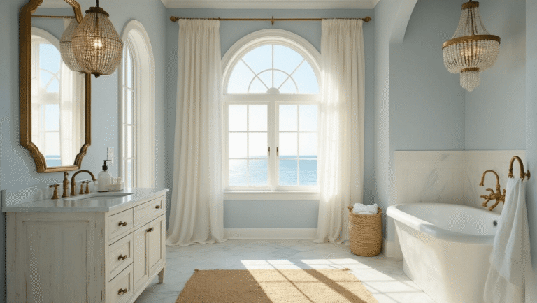 Create a Serene Coastal Granddaughter Bathroom: Your Ultimate Styling Guide Photorealistic interior of a sunlit coastal bathroom featuring a whitewashed wood vanity, aged brass hardware, and honed marble top, with a tall arched window draped in sheer linen curtains, evoking a serene retreat ambiance.