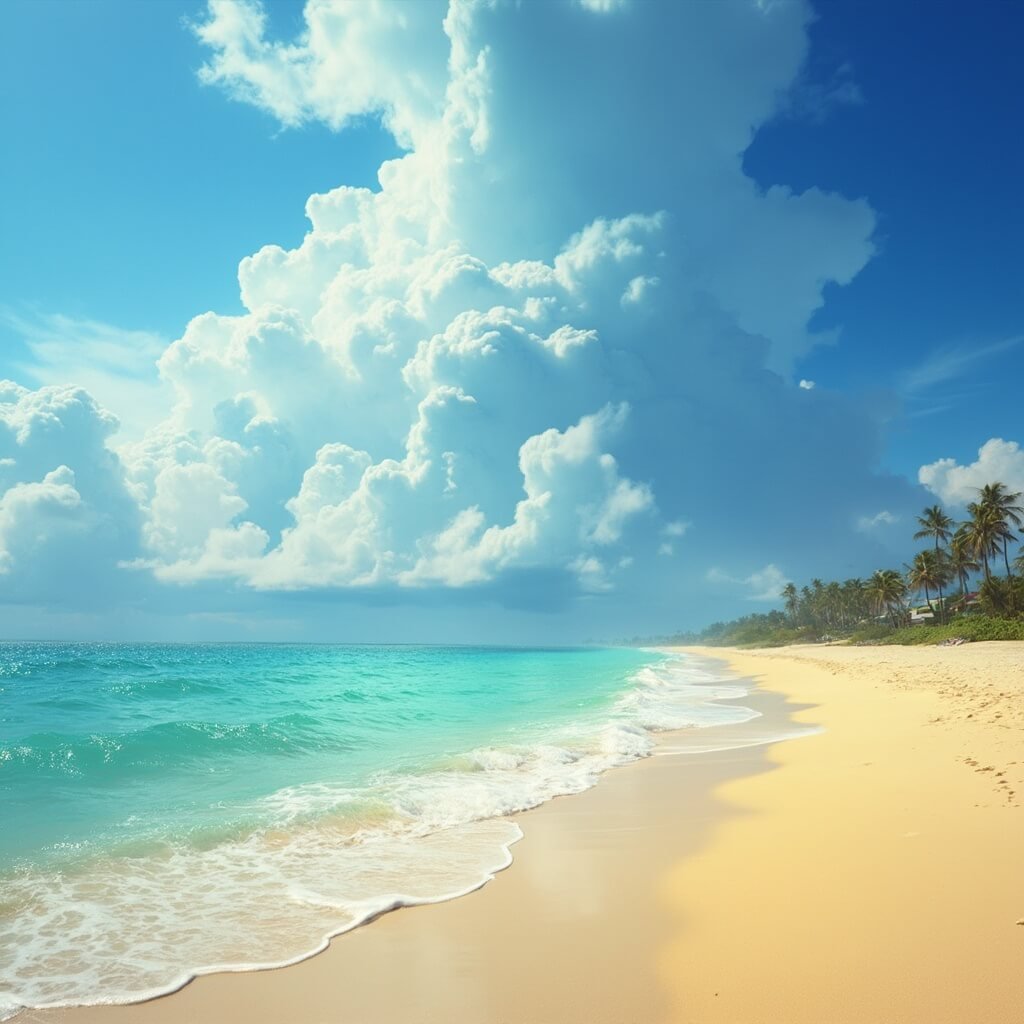 Hyper-realistic image of empty Siesta Beach with golden sands meeting turquoise Gulf waters, dramatic clouds looming in the background, and a heat shimmer visible in the foreground.