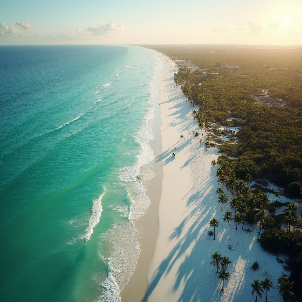 Aerial view of Siesta Key Beach at sunset with white sand, turquoise waters, palm trees, and soft shadows