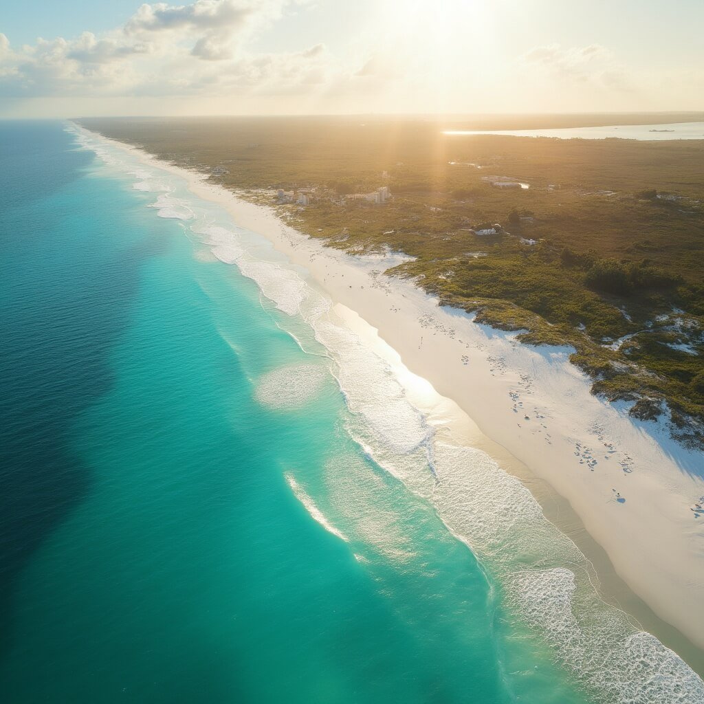 Aerial view of Siesta Key Beach at golden hour featuring pristine white sand, turquoise waters, soft waves, warm sunlight, clear sky, and tropical vegetation in the background with no people visible.