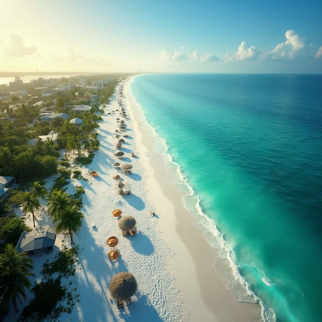 Scorching Secrets: Why Sarasota in July Will Melt Your Vacation Expectations (Literally) Aerial view of Siesta Key Beach with white sand, turquoise waters, beach umbrellas, palm trees, and dramatic shadows under a clear sky
