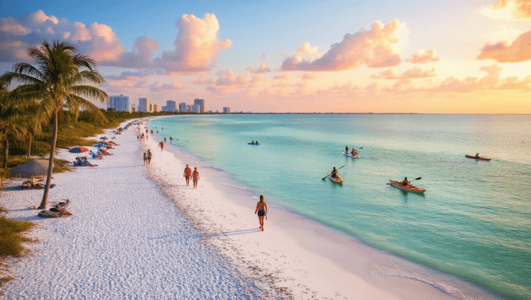Why Sarasota in March is Your Ultimate Escape (Beaches, Festivals, and Perfect Weather Await!) "Panoramic sunset view of Siesta Key beach, Sarasota, with individuals enjoying beach activities, swaying palm trees, pastel-colored sky, and city skyline in the background."