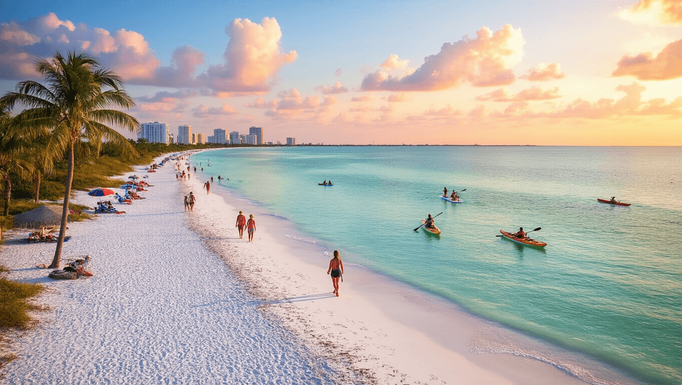 "Panoramic sunset view of Siesta Key beach, Sarasota, with individuals enjoying beach activities, swaying palm trees, pastel-colored sky, and city skyline in the background."