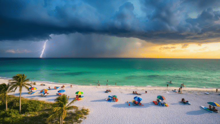 Scorching Secrets: Why Sarasota in July Will Melt Your Vacation Expectations (Literally) "Vibrant aerial shot of Siesta Key Beach at sunset with approaching storm, colorful umbrellas, swaying palm trees, turquoise Gulf waters, golden sun rays illuminating white sands, beach-goers packing up gear, paddle boarders in water, 89°F temperature display board, and distant lightning strikes."