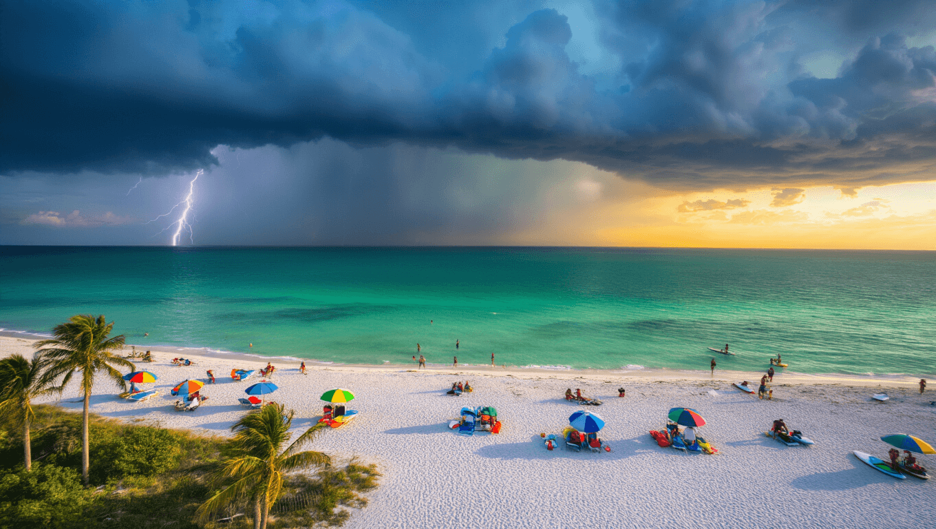 "Vibrant aerial shot of Siesta Key Beach at sunset with approaching storm, colorful umbrellas, swaying palm trees, turquoise Gulf waters, golden sun rays illuminating white sands, beach-goers packing up gear, paddle boarders in water, 89°F temperature display board, and distant lightning strikes."