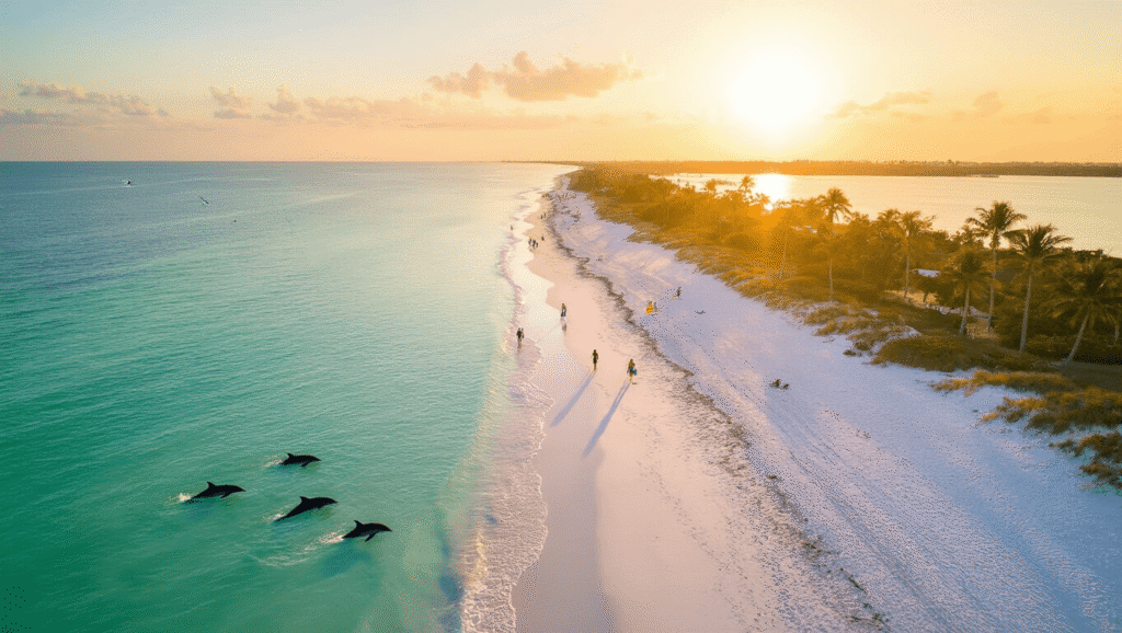 Sarasota in May: Your Ultimate Sun-Soaked Adventure Guide (Without the Tourist Traps) "Aerial view of Siesta Key Beach at sunrise, showing white sand, turquoise waters, playing dolphins, walking beachgoers, swaying palm trees, flying sea birds, and golden morning light."