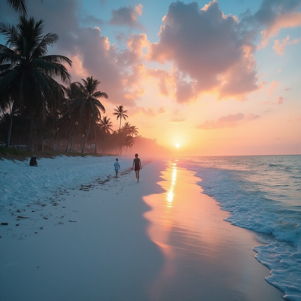 Scorching Secrets: Why August in Sarasota is Your Unexpected Paradise (Even with the Heat!) Misty dawn at Siesta Key Beach, Sarasota with joggers' silhouettes against the orange sunrise, palm trees casting shadows over the white sand, and crystal clear water reflecting the warm light.