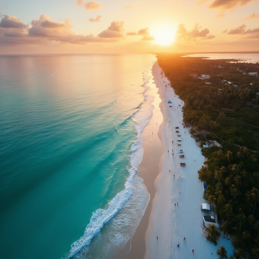 Aerial panoramic view of Siesta Key Beach at sunset with crystal white sand, turquoise waters, and silhouetted palm trees
