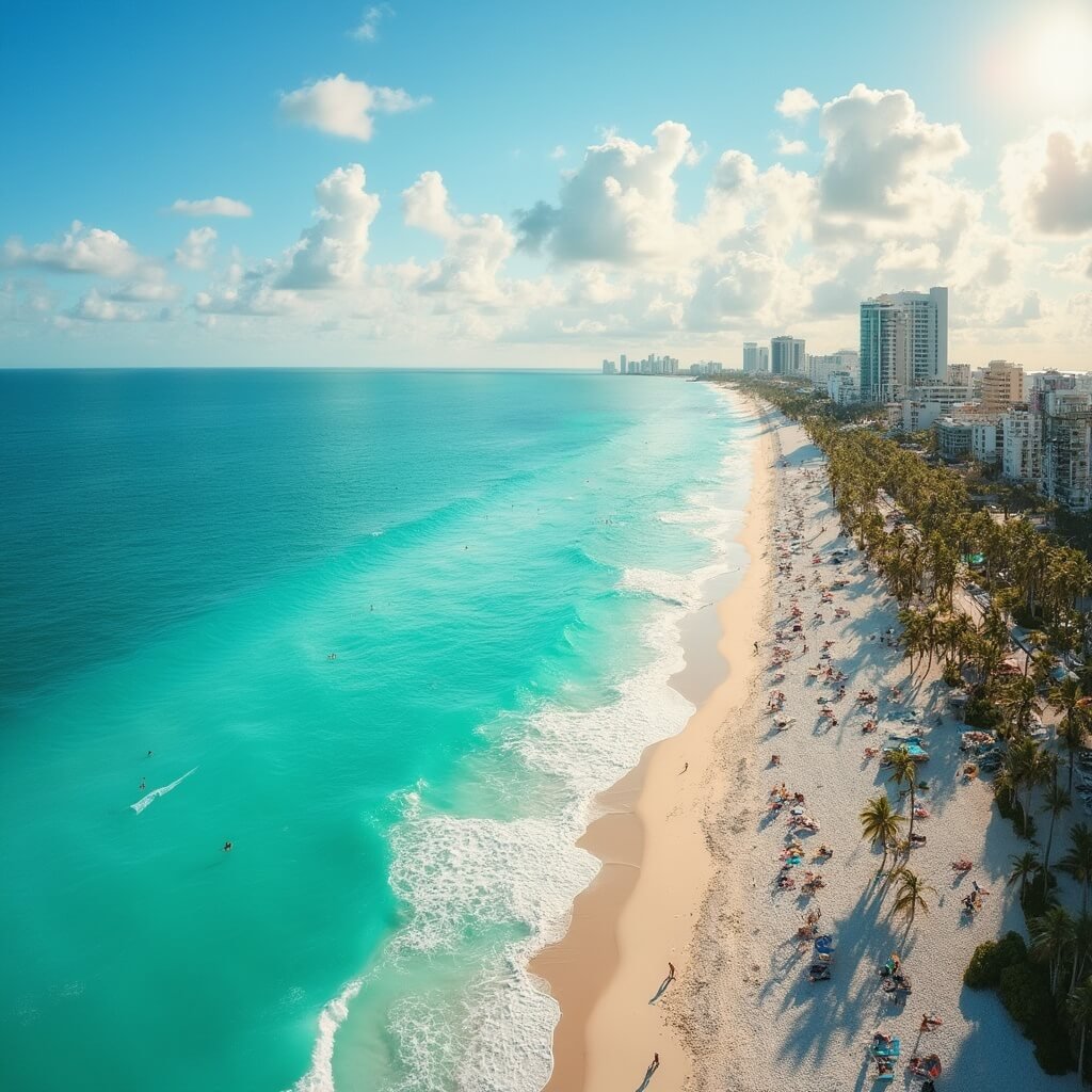 Aerial view of Miami's South Beach with crystal clear turquoise waters, white sandy beach, beachgoers swimming and playing volleyball, cyclists on oceanfront path, colorful umbrellas, Art Deco buildings in the background, taken during golden hour with sunny 75 degree weather
