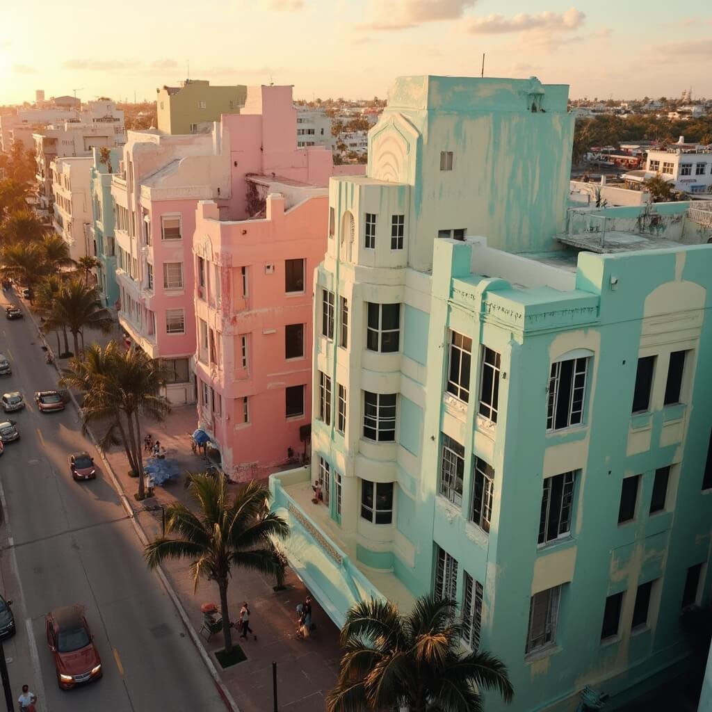 Aerial view of Miami's Art Deco District during golden hour, with pastel-colored geometric buildings, palm tree-lined streets, and pedestrians walking among vintage structures