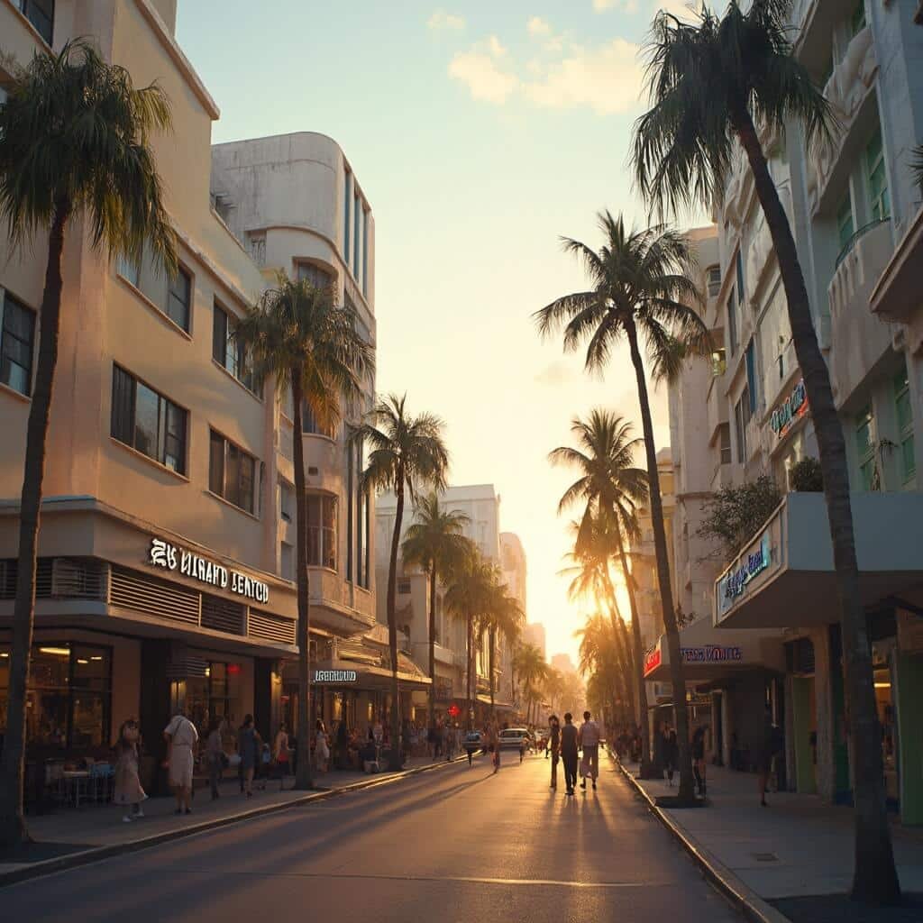 Art Deco buildings in South Beach's Historic District during golden hour, showcasing pastel colors, neon signs, palm trees, pedestrians, and boutique shops