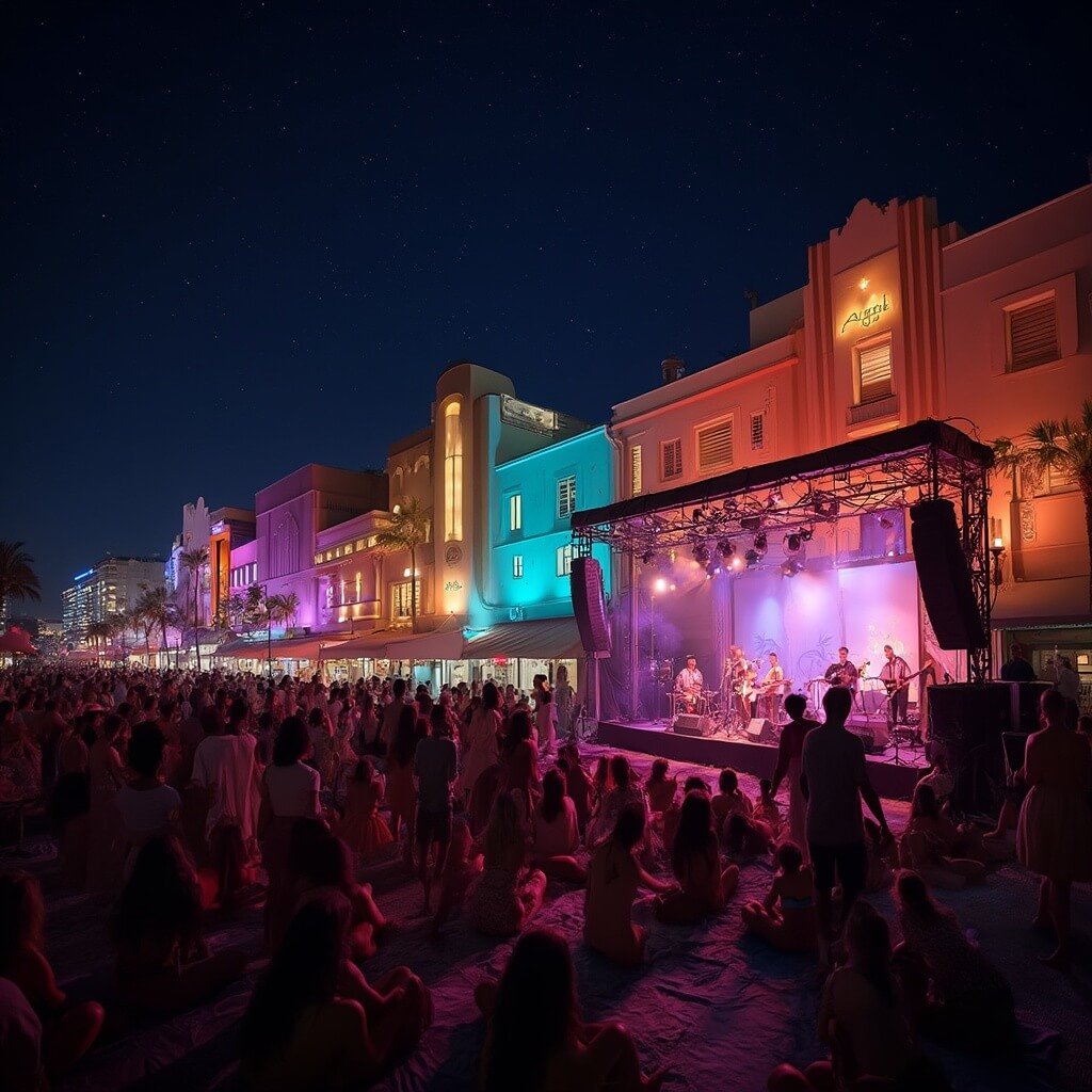Why South Beach in January is Your Perfect Winter Escape Silhouetted musicians performing at the South Beach Jazz Festival under warm stage lights, with an audience of locals and tourists, against a backdrop of twinkling stars and neon-lit art deco buildings.