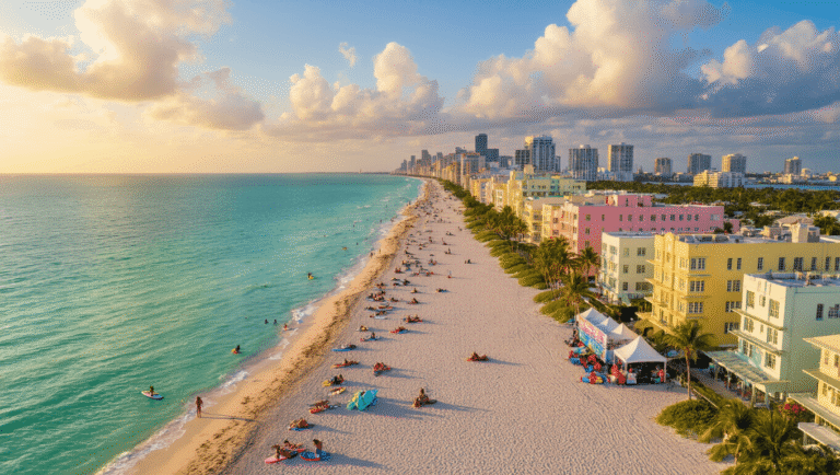"Aerial view of South Beach Miami in October with Art Deco buildings, sunbathers, paddleboarders in turquoise waters, palm trees, festival tents for South Beach Seafood Festival during golden hour"