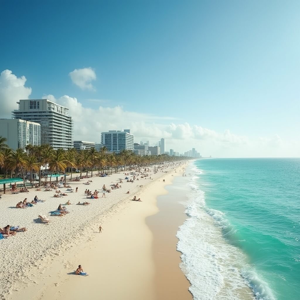 Peaceful South Beach, Miami in September with sparse beachgoers, turquoise waves, swaying palm trees, distant art deco buildings, and clear skies