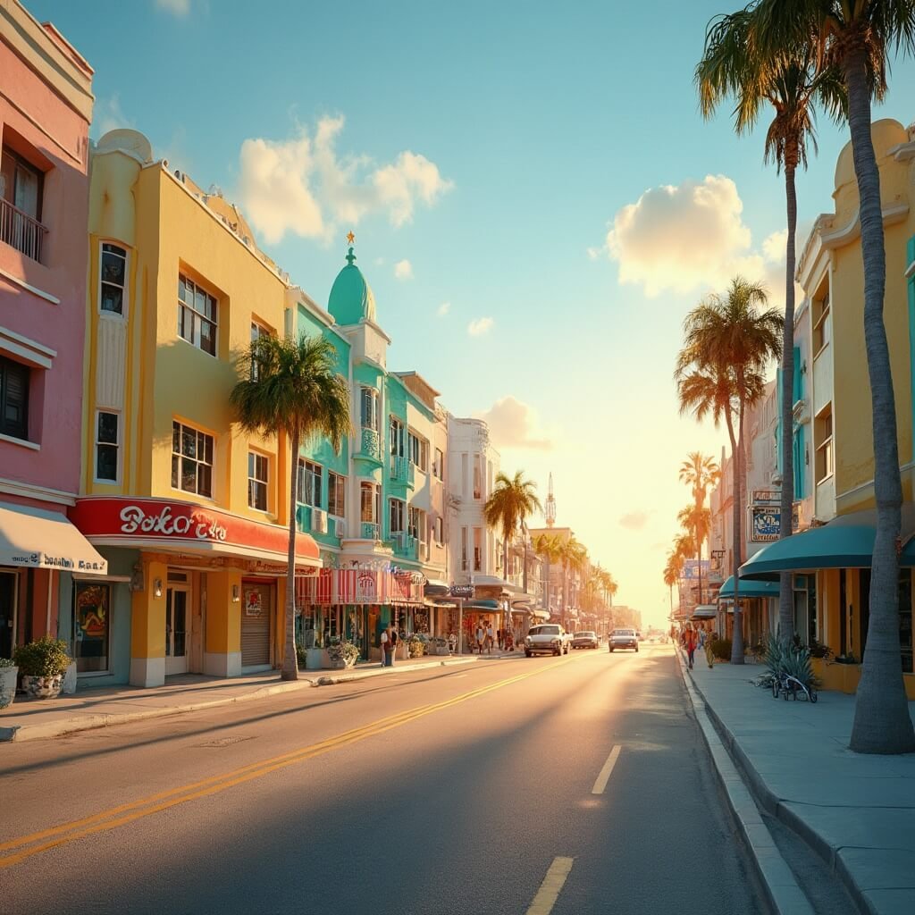 Sunrise at South Beach with golden light highlighting Art Deco buildings along Ocean Drive, pastel-colored and deserted streets with palm tree shadows, under a blue sky with morning clouds in a detailed architectural photography style