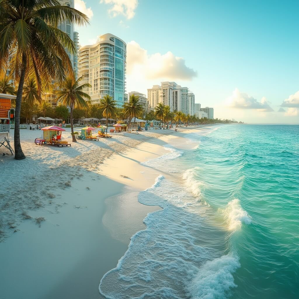 South Beach Miami August: Your Ultimate Guide to Sun, Sand, and Sizzling Summer Adventures Sunrise over pristine South Beach shoreline with turquoise water, gentle waves, empty beach chairs, colorful umbrellas, lifeguard towers, swaying palms, reflecting golden sun and Miami Beach hotels in distance