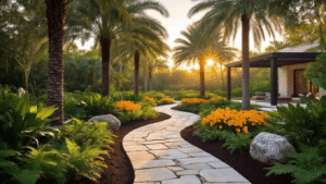 Cinematic wide-angle shot of a luxurious South Florida tropical landscape at golden hour, featuring a stone pathway, native plants like Royal Palms and Crotons, a modern pergola, and a crystal clear pool, all bathed in warm amber sunlight and creating a serene atmosphere.
