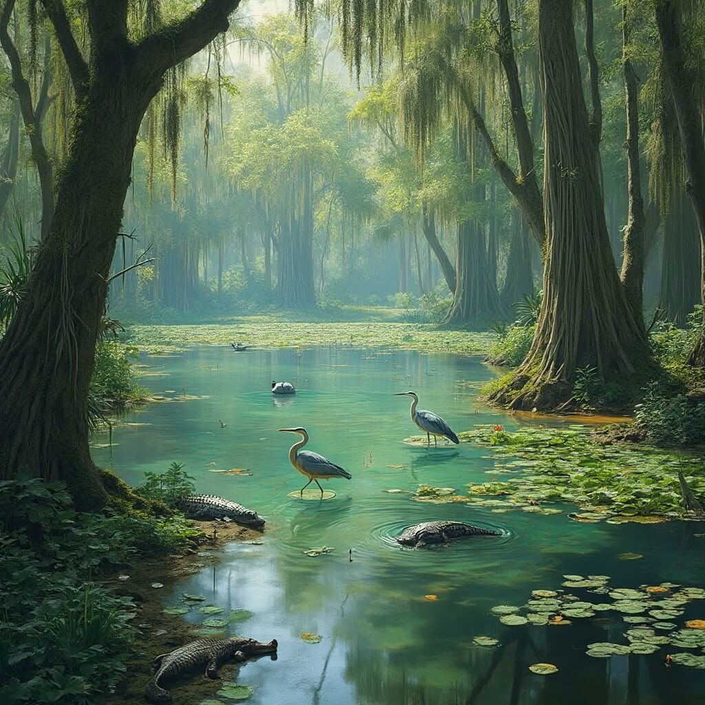 Lakeland in August: The Sizzling Truth About Florida's Most Intense Month Summer wetland ecosystem with a clear lake surrounded by mossy cypress trees, herons, sunbathing alligators, and a surface dotted with water lilies.