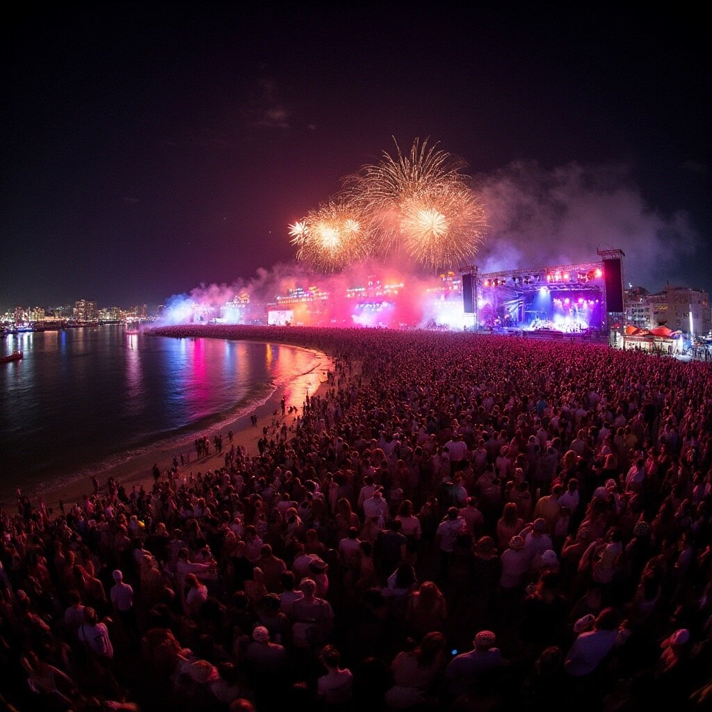 Why West Palm Beach in April Will Blow Your Mind: The Ultimate Traveler's Guide Festival crowd silhouettes at illuminated SunFest music stages on waterfront, vibrant lights reflecting on the water, with fireworks bursting in the night sky.