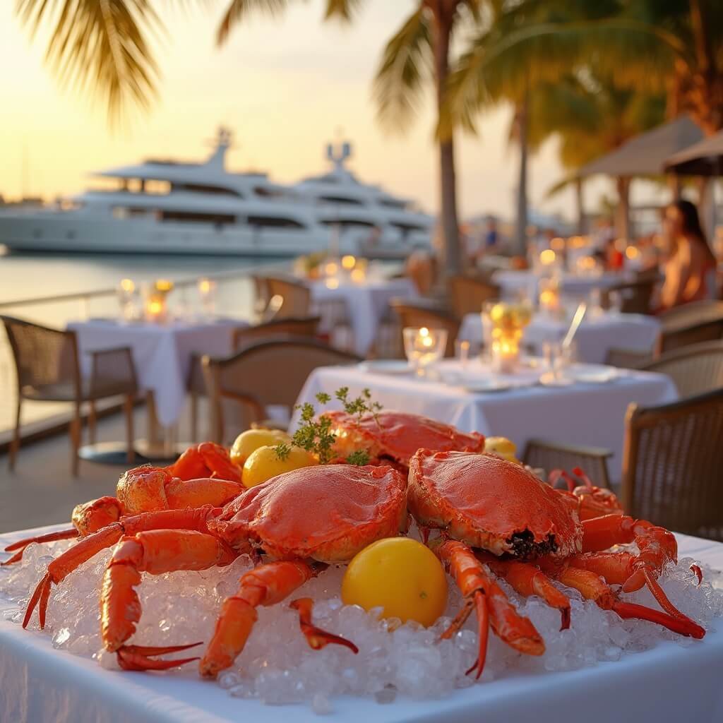 Why Sarasota in March is Your Ultimate Escape (Beaches, Festivals, and Perfect Weather Await!) Elegant outdoor restaurant terrace at sunset overlooking a marina with fresh stone crab claws on ice, sophisticated place settings, swaying palm trees and luxury yachts in the distance
