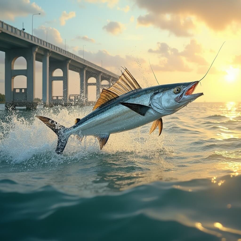 Scorching Secrets: Why Sarasota in June Will Blow Your Mind (Literally and Figuratively) Silver tarpon fish leaping out of clear Gulf waters near New Pass Bascule Bridge during sunset, with detailed marine ecosystem in the background and water droplets in mid-air