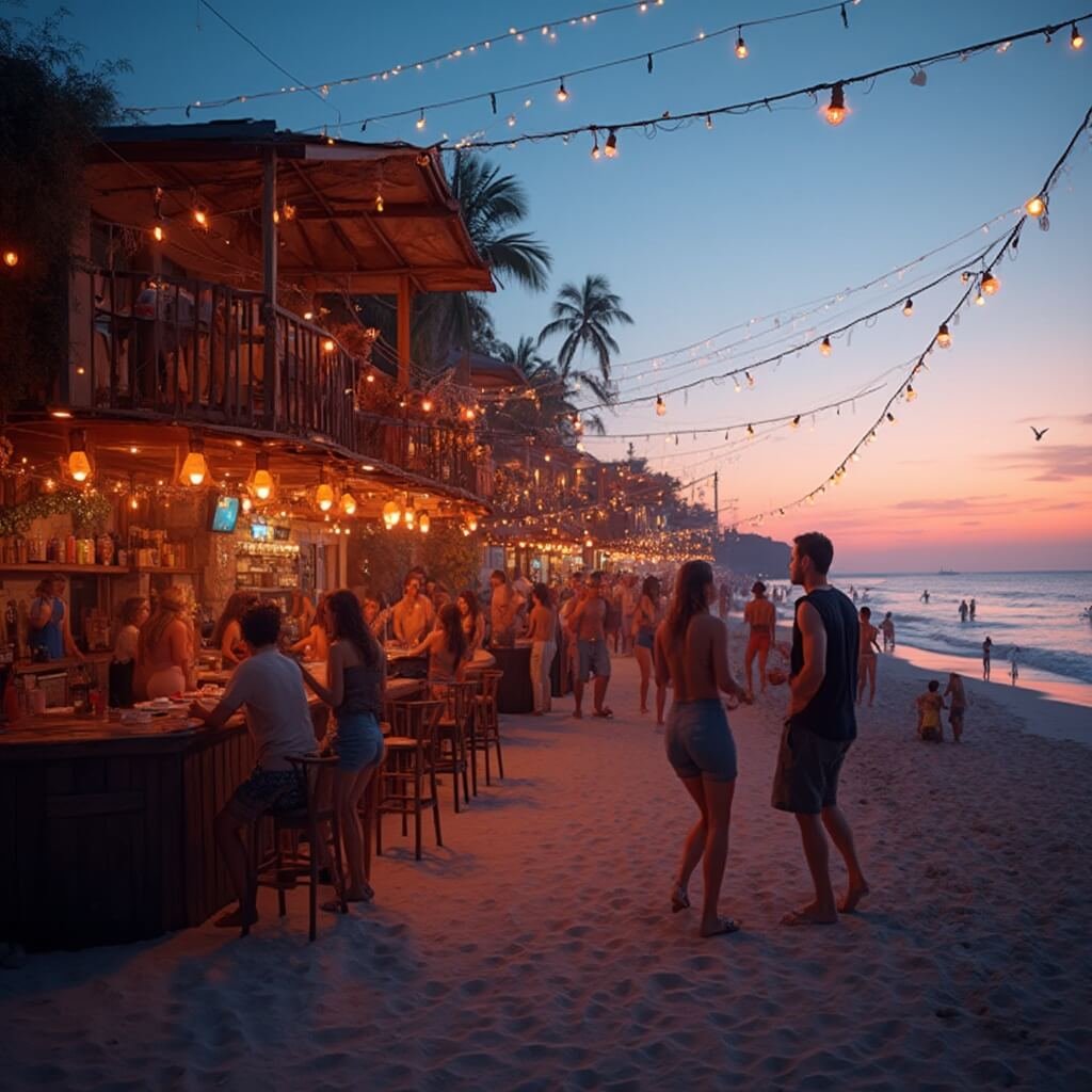 Scorching Secrets of Jacksonville Beach: Why July is Your Ultimate Summer Paradise Young adults enjoying nightlife at a vibrant beachfront bar with live music, string lights, and sunset reflecting on ocean