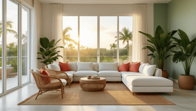 Modern Florida Home Interiors: A Sophisticated Coastal Design Revolution Hyperrealistic panorama of a spacious Florida living room at golden hour, featuring a white linen sectional, curved rattan chairs, a monstera plant, natural jute rug, and terrazzo flooring, illuminated by soft shadows and volumetric sunbeams.