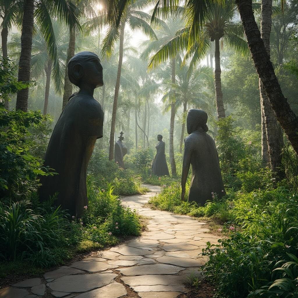 West Palm Beach in May: Your Ultimate Tropical Playground Awaits! Tropical vegetation and palm trees surrounding bronze sculptures in the tranquil Ann Norton Sculpture Gardens, sunlight creating shadows on stone pathways and lush greenery, with Florida flowers in bloom.