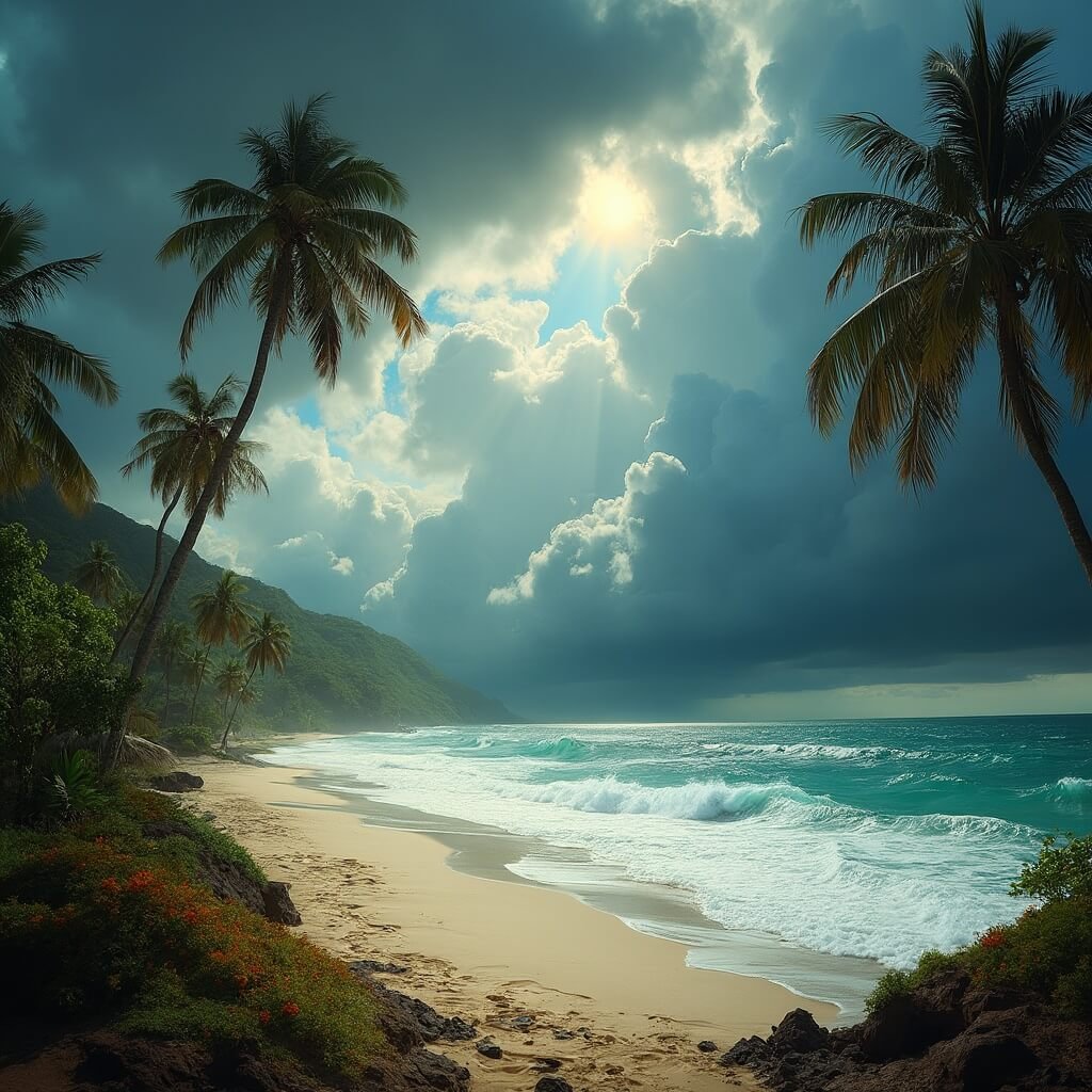 September in West Palm Beach: Your Ultimate Insider's Guide to Tropical Transition Dramatic September storm at a beach with towering cumiculumnimbus clouds, dark contrasting storm clouds, sunlight breaking through, swaying palm trees, vibrant tropical vegetation, and white-capped waves hitting empty beach