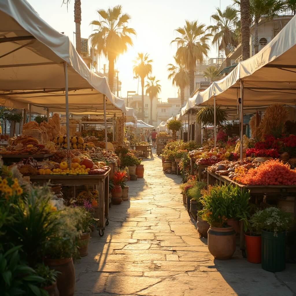 Why West Palm Beach in February is Your Ultimate Winter Escape Vibrant sunrise at a farmers market with colorful tropical fruit stands, vendors arranging bread and flowers on wooden tables, fresh greens in the foreground, and palm trees casting long shadows in the background.