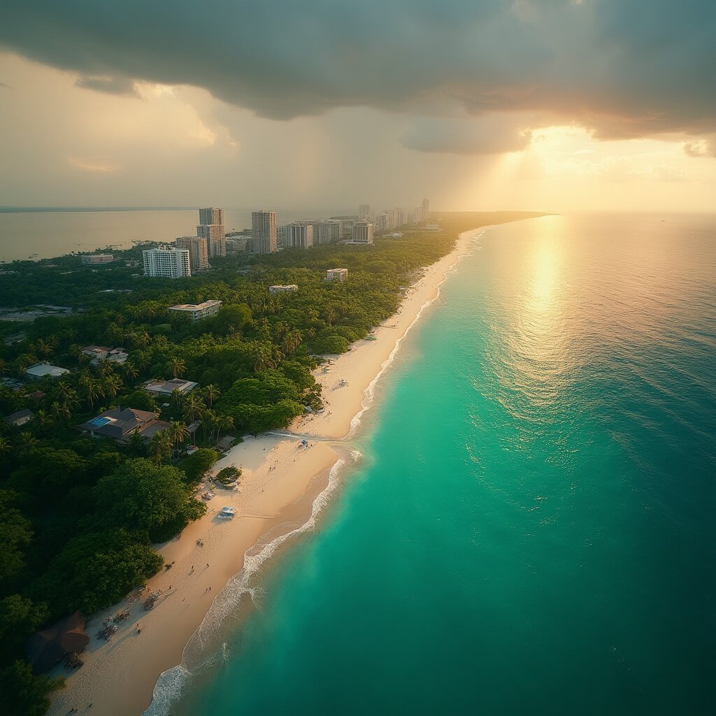 Aerial view of West Palm Beach coastline during golden hour with gathering thunderclouds and city skyline, ocean reflecting warm tropical light