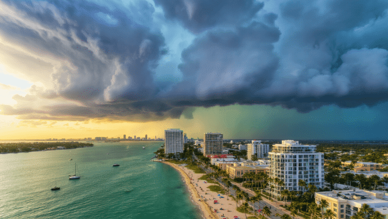 West Palm Beach in June: Your Ultimate Tropical Adventure Guide "Aerial view of West Palm Beach with cumulonimbus clouds over cityscape, sun rays creating dramatic lighting on buildings, and beachgoers packing up before storm"