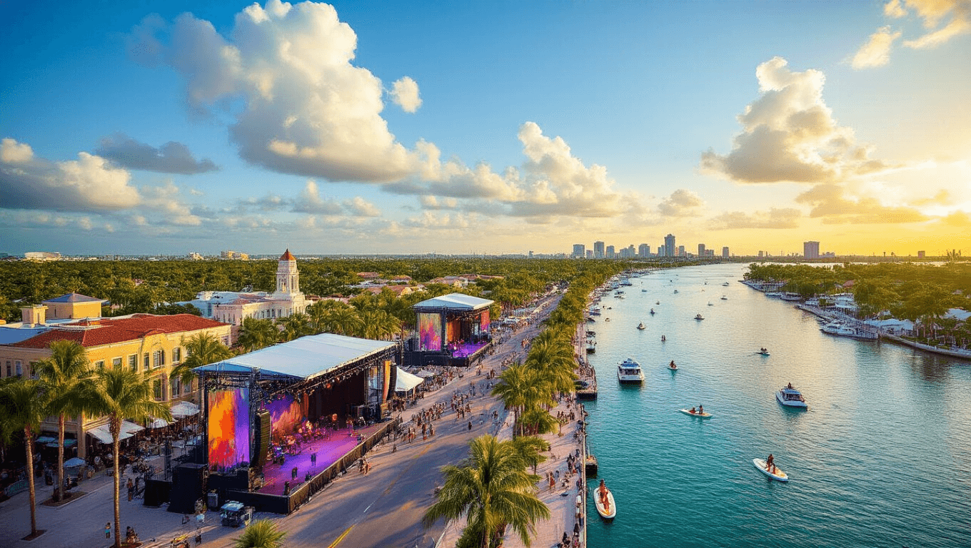 "Aerial view of SunFest in West Palm Beach, featuring colorful festival stages, palm-lined streets, waterfront views with boats and paddleboarders, Clematis Street's historic buildings and outdoor cafes, and the Norton Museum of Art under a blue sky with puffy clouds."