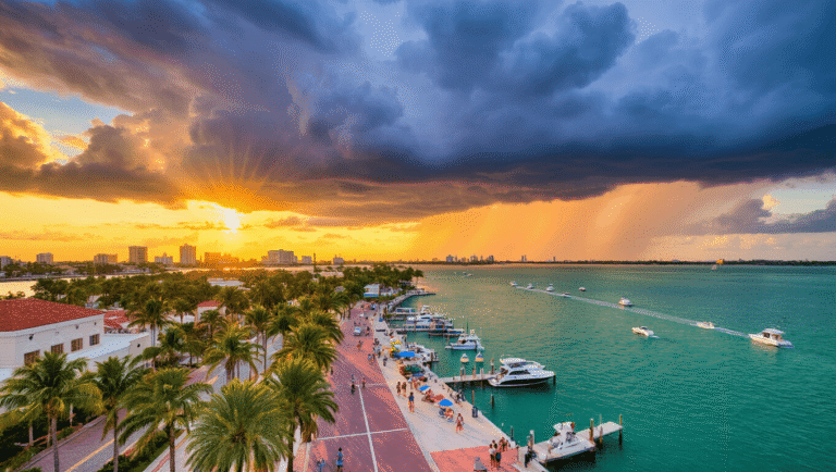 Scorching Secrets: Why West Palm Beach in August Will Blow Your Mind (But Not Your Budget) "Aerial view of West Palm Beach at sunset with storm clouds, palm trees, marina, Norton Museum, Kravis Center and Palm Beach Municipal Beach visible"
