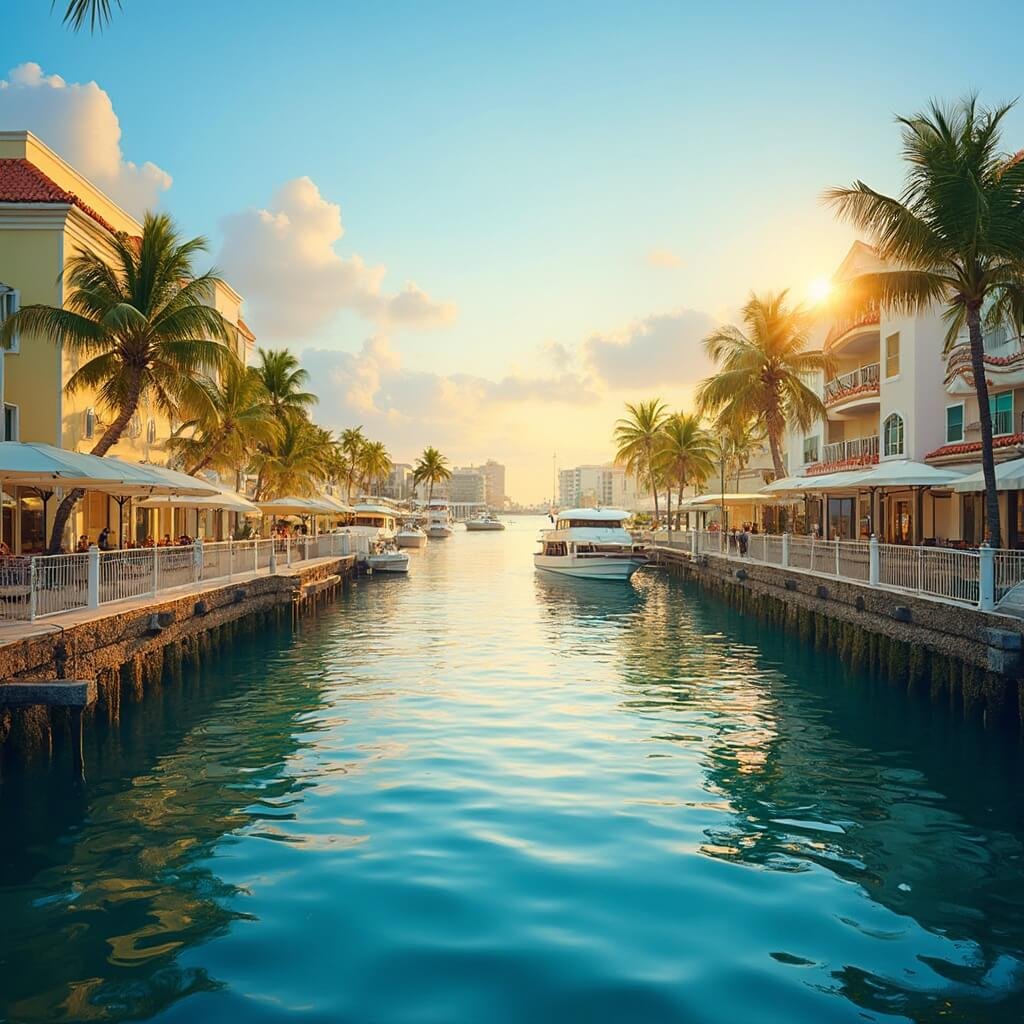 West Palm Beach in May: Your Ultimate Tropical Playground Awaits! Sunset at West Palm Beach with palm trees, floating boats on Intracoastal Waterway, coastal architecture under golden light, clear blue sky with pastel clouds, and cityscape reflection on water