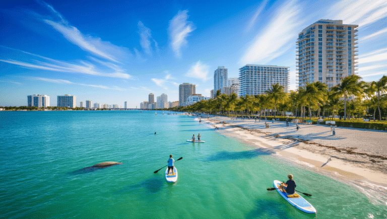 West Palm Beach in November: Your Ultimate Escape from Winter's First Bite "Panoramic view of West Palm Beach waterfront with turquoise waters, pristine beaches, swaying palm trees, visible manatees, paddleboarders, and downtown skyline in the background during a perfect November day."