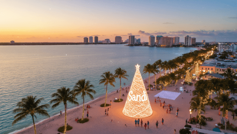 Escape the Frost: Why West Palm Beach is Your December Dream Destination "Sunset view of West Palm Beach with Sandi the illuminated Christmas sand sculpture, waterfront palm trees with holiday lights, people gathering around, with backdrop of Worth Avenue shopping district and beachgoers by the shoreline"