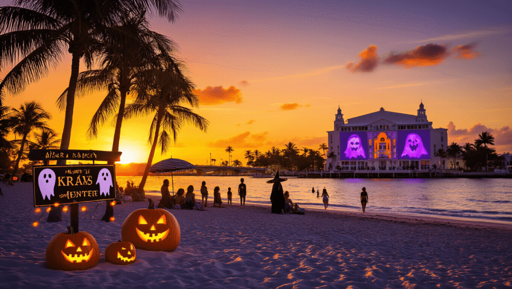 "Halloween-themed beachfront scene in West Palm Beach at sunset with silhouetted palm trees, carved pumpkins, ghost decorations, spooky lights, costumed beach-goers, haunted mansion tour sign, and the Kravis Center with Halloween projections in the background."