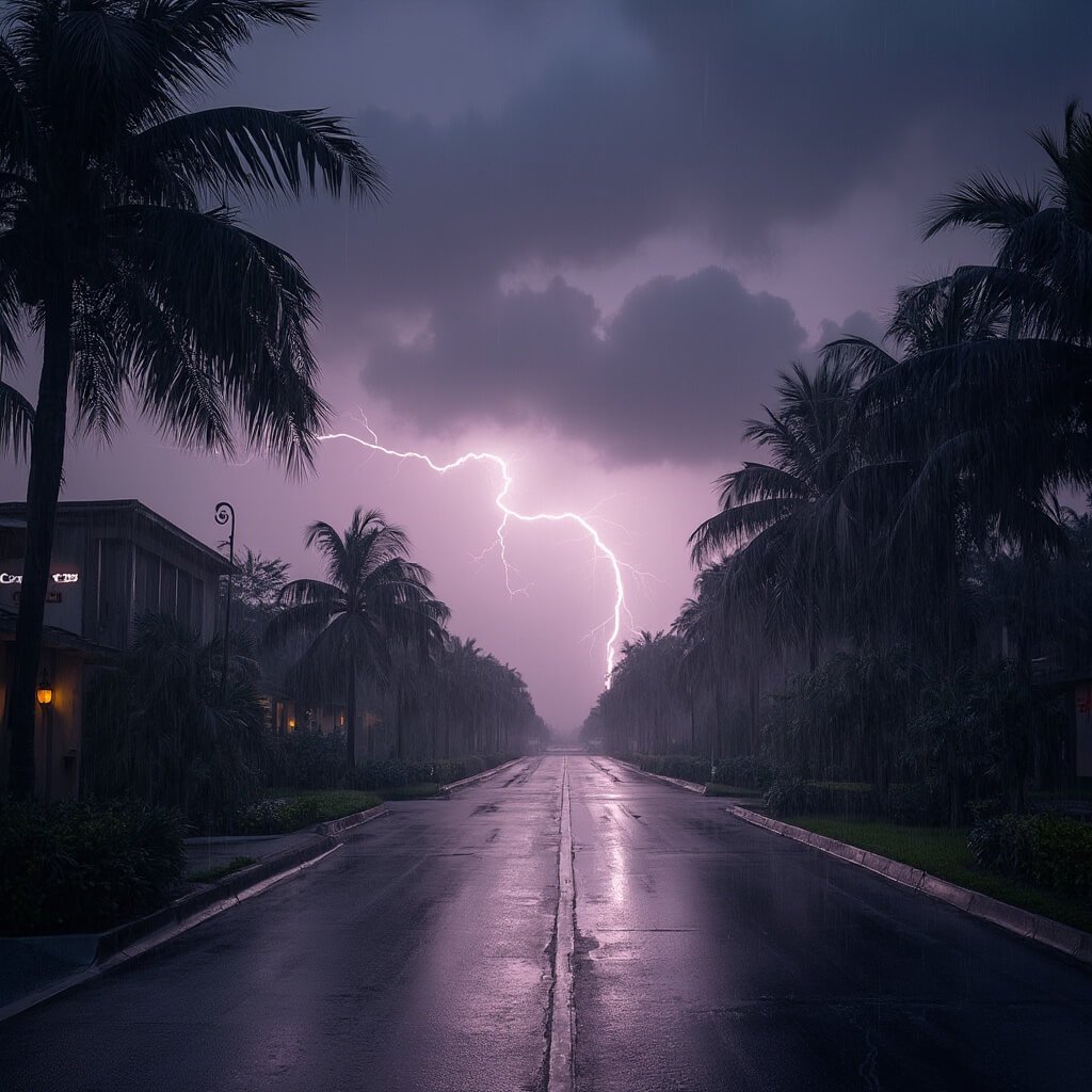 Why West Palm Beach in July Will Test Your Summer Survival Skills (But In The Best Way Possible) Dramatic image of a late afternoon thunderstorm in West Palm Beach, featuring dark purple-grey clouds, lightning bolts, rain-slicked roads reflecting the stormy sky, and palm trees swaying in heavy winds.