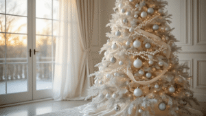 Creating a Magical White Christmas Tree: Your Ultimate Styling Guide A luxurious living room featuring a stunning 8-foot white Christmas tree adorned with silver ornaments, pearl garland, and velvet ribbon, illuminated by warm golden hour light filtering through sheer curtains, with a cozy cream sectional sofa and marble coffee table in an elegant setting.