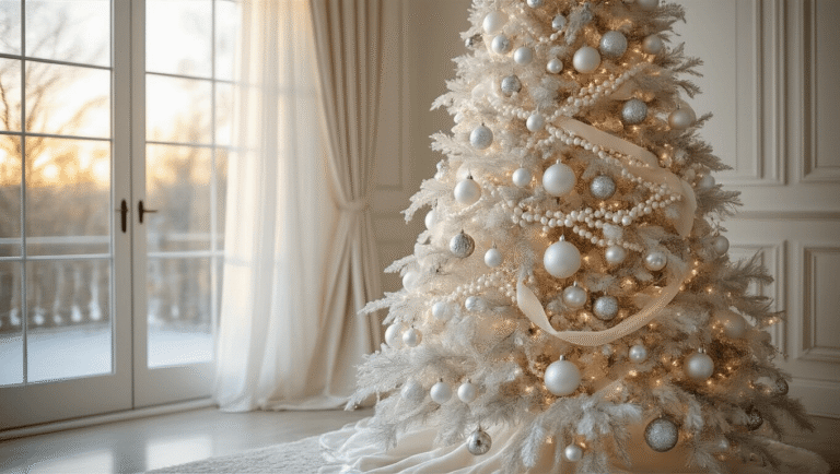 Creating a Magical White Christmas Tree: Your Ultimate Styling Guide A luxurious living room featuring a stunning 8-foot white Christmas tree adorned with silver ornaments, pearl garland, and velvet ribbon, illuminated by warm golden hour light filtering through sheer curtains, with a cozy cream sectional sofa and marble coffee table in an elegant setting.