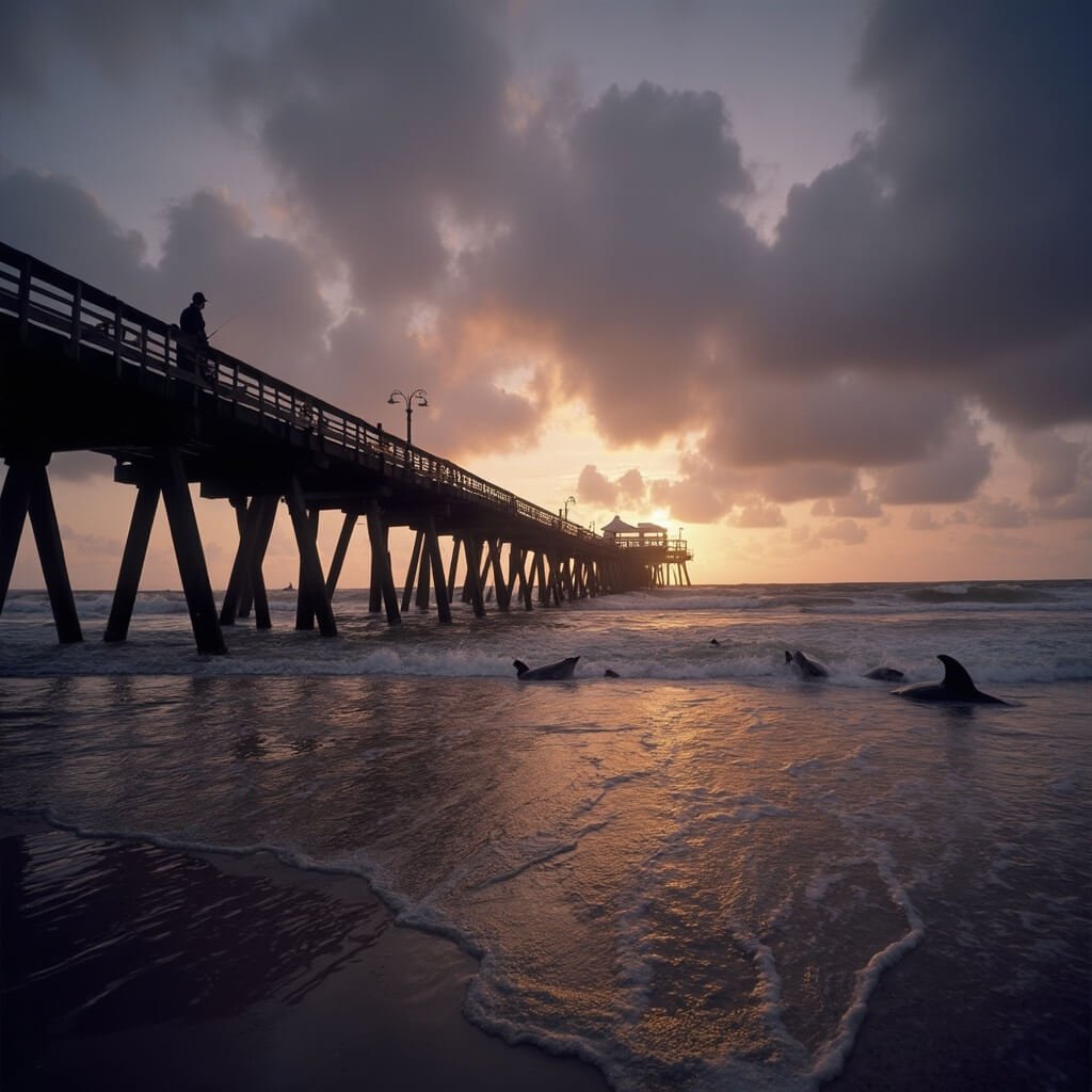 Why Jacksonville Beach in January Might Just Be Your Perfect Winter Escape Jacksonville Beach pier at sunset in winter, silhouetted against a colorful sky with a pod of dolphins in the water below and a few people fishing off the pier