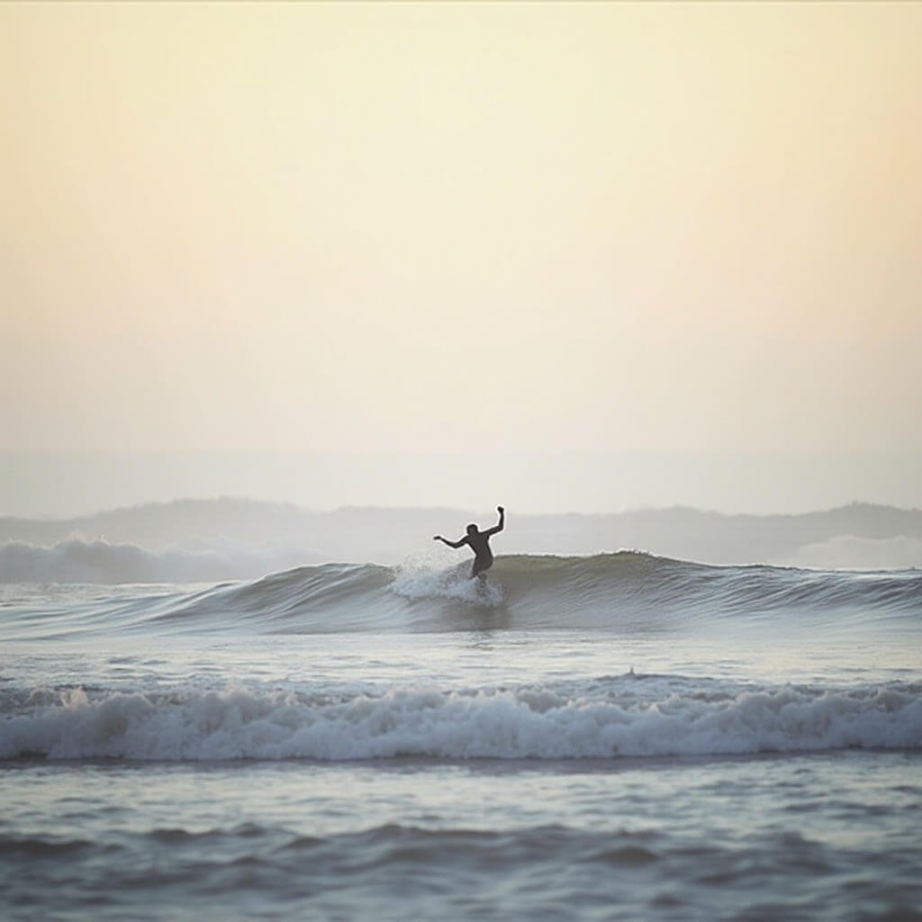 Escape the Frozen North: Why Jacksonville Beach in February is Your Ultimate Winter Retreat Lone surfer in dark wetsuit riding a wave in a winter morning at Jacksonville Beach with misty ocean horizon and silhouetted coastline