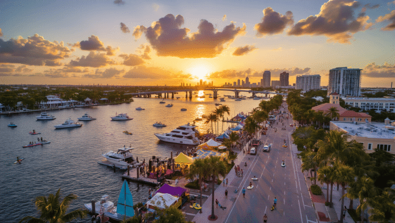 West Palm Beach in May: Your Ultimate Tropical Playground Awaits! "Aerial view of West Palm Beach at sunset featuring SunFest's waterfront stages, colorful tents, luxury yachts, palm-lined streets and Royal Park Bridge with paddleboarders and kayakers on the Intracoastal Waterway."