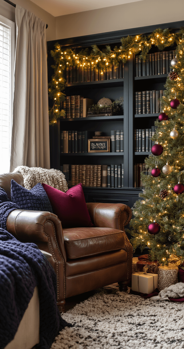 Cozy reading nook transformed for Christmas with repurposed ornaments in burgundy and forest green, a 6-foot tree next to a leather armchair, layered throw blankets, warm white string lights, and framed by dark-spined bookshelves, captured in soft afternoon light.